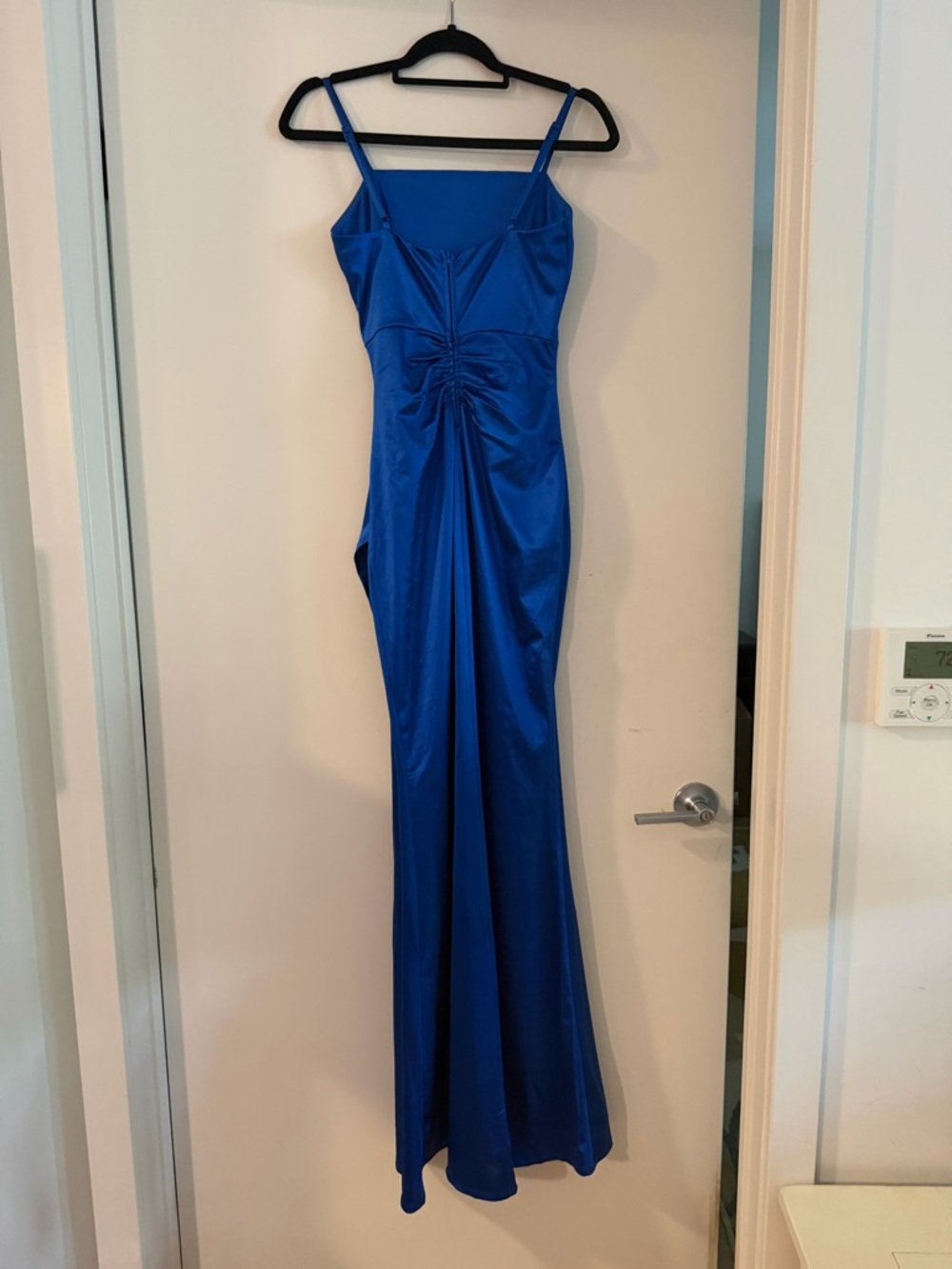 Elegant Royal Blue Satin Ruched Maxi Dress